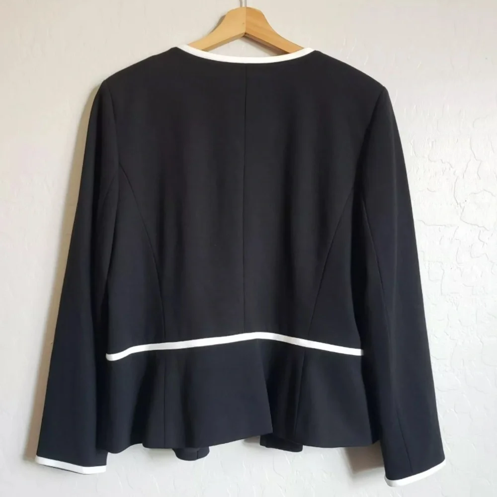 Talbots Black White Trim Open‎ Front Fabric Knit In Italy Blazer Size 14p